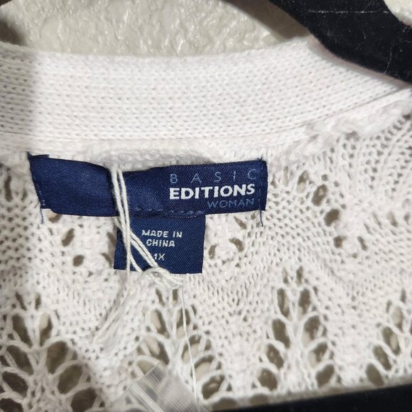 Basic Editions Cardigan Womens 1X White One Button Knit Short Sleeve Crochet - Picture 2 of 12